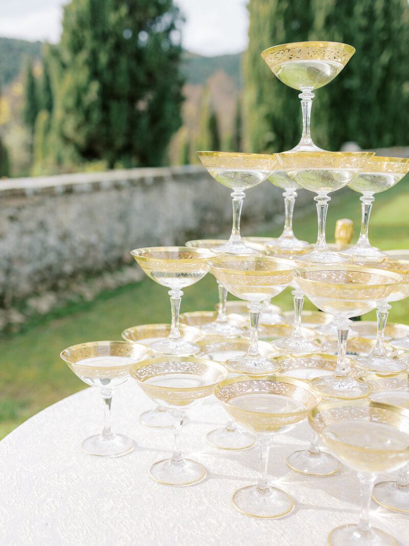champagne tower in gardens at villa cetinale in tuscany, italy