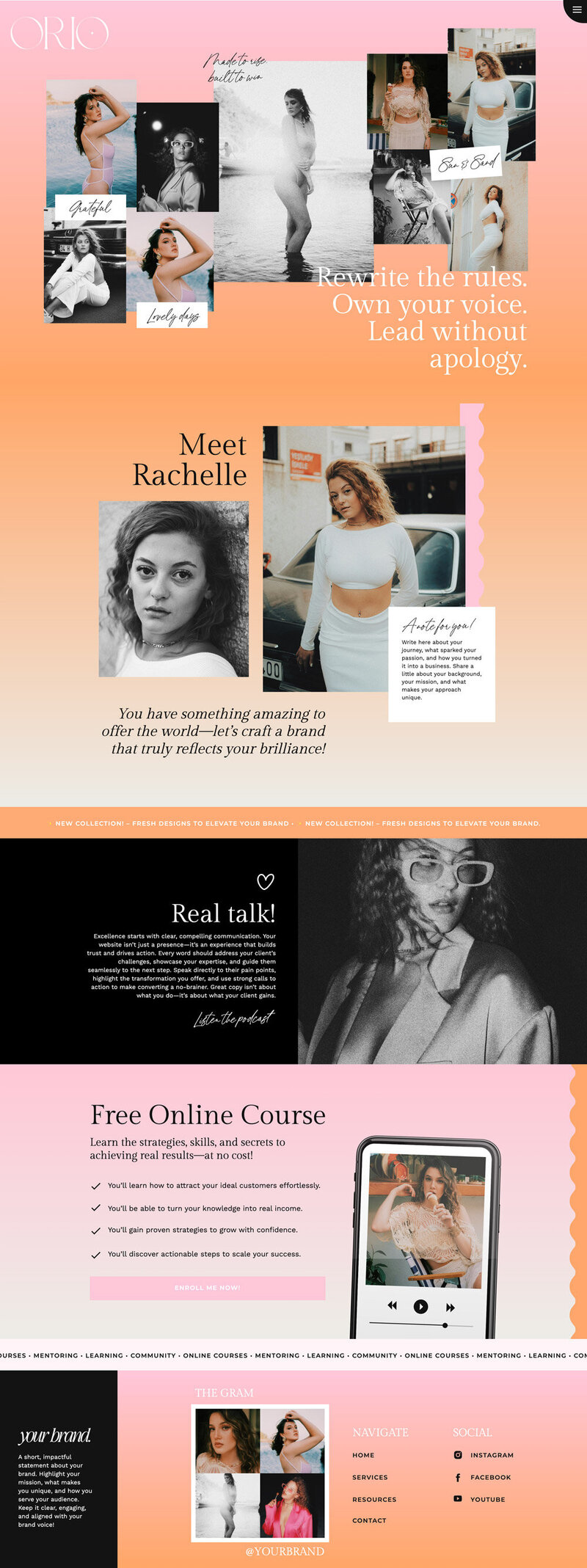 Preview of the Nicky Showit website template designed for coaches, mentors, and podcasters. Perfect for creating a professional and modern online presence