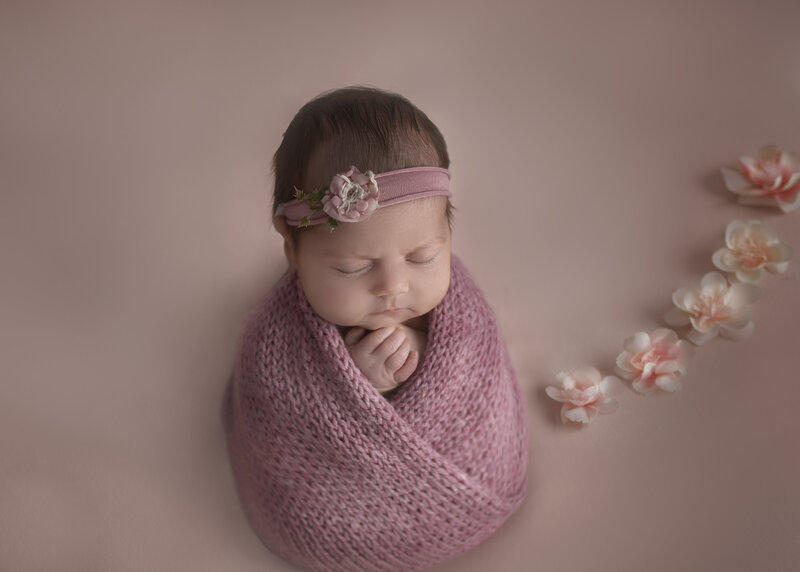 Newborn baby gently wrapped in a soft pink fabric, peacefully sleeping in a serene and timeless pose, captured at Sonia Gourlie Fine Art Photography in Ottawa."