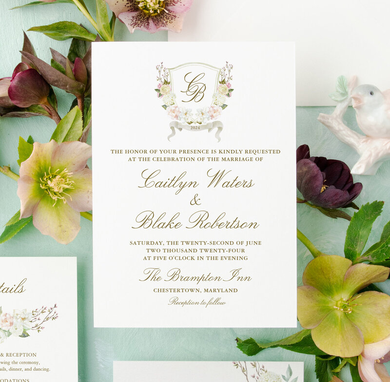 Pink rose and hydrangea watercolor ﬂoral wedding invitation suite