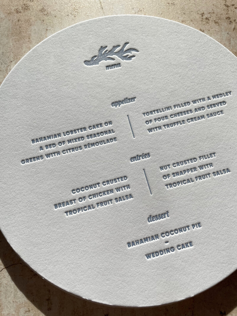round letterpress blue wedding menu design