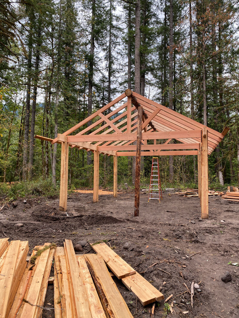 Wooden pavilion under construction in a forest clearing