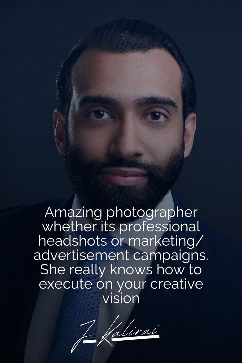 A testimonial image featuring a professional business headshot recommendation by J. Kalirai. The text highlights Carla’s expertise in professional headshots and marketing photography, praising her ability to execute creative visions with precision. J. Kalirai highly recommends Carla at Ellahrika Photography for both headshots and advertising campaigns.