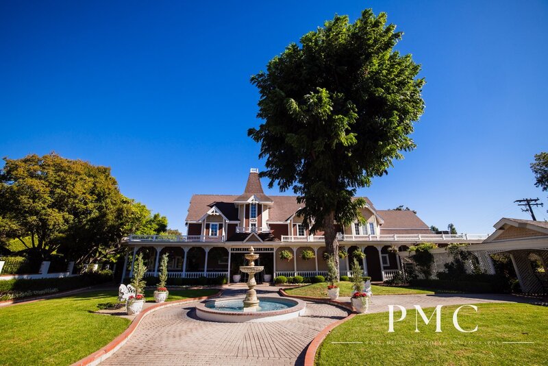 The Beverly Mansion and front courtyard with fountain at Grand Tradition Estate and Gardens