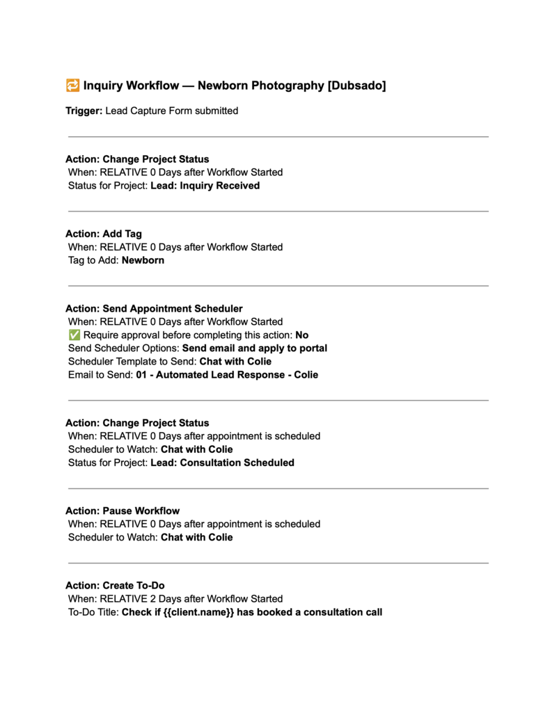 Workflow Fast Pass Dubsado Inquiry Example