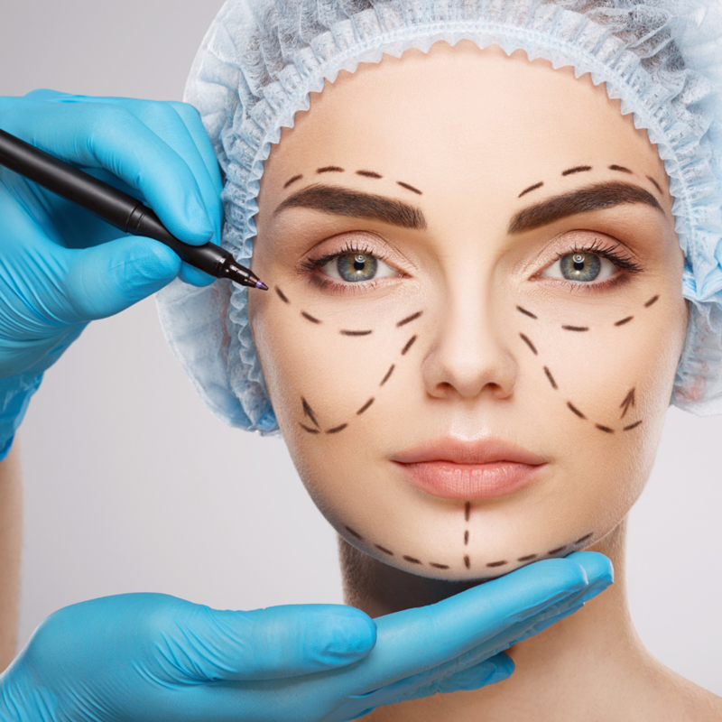 Image of woman with incision drawings for her face