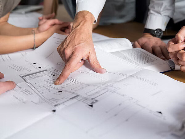 Close-up of architect's hand holding construction plans during preconstruction planning