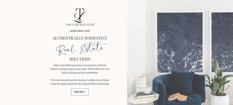 A modern living room with a dark blue armchair, small table, and two large abstract ocean art pieces next to a Tami Luxer Real Estate promo on a crisp white background—styled by Sweet Pea Ink Creative for standout brand design.