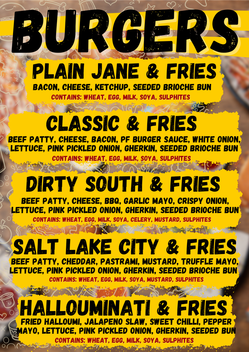 Menu for the Street food Patty Freaks in black white and yellow with Patty Freaks logo