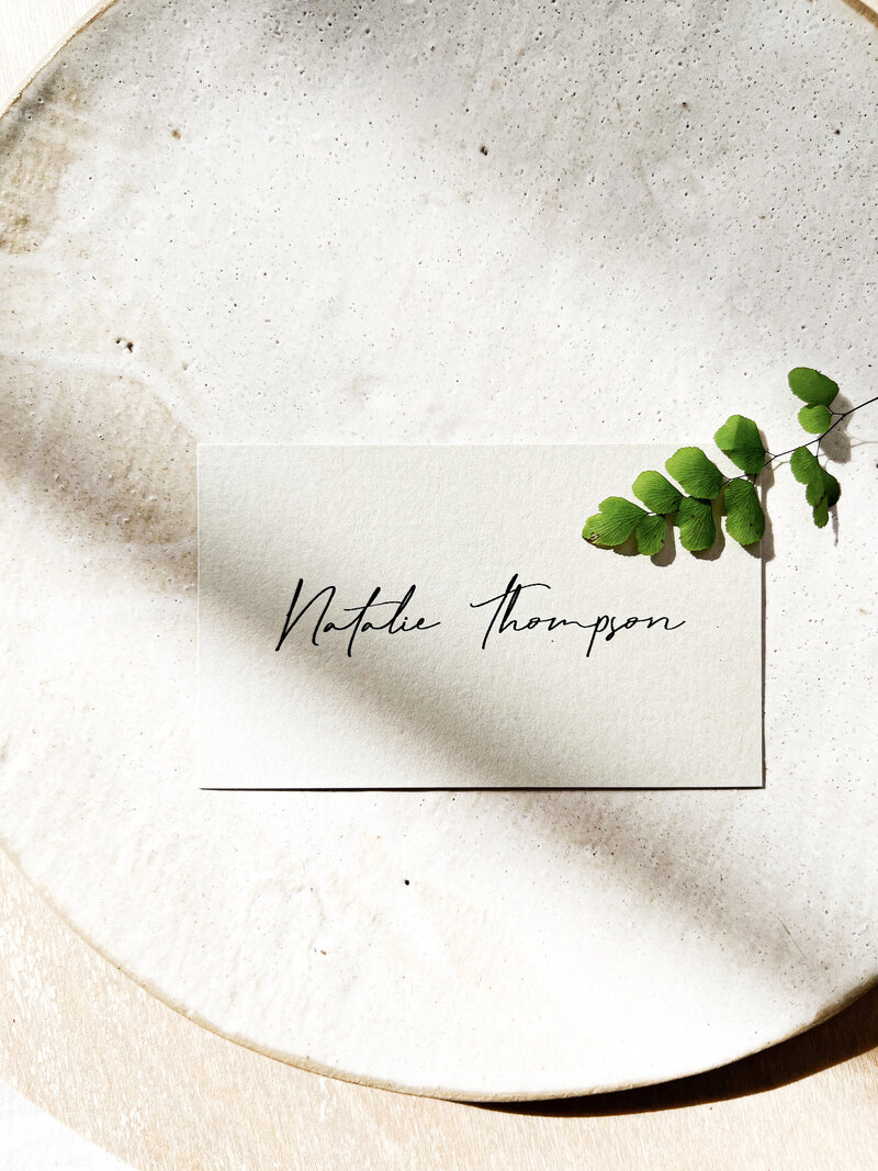 luxury printed name card for weddings with green leaf