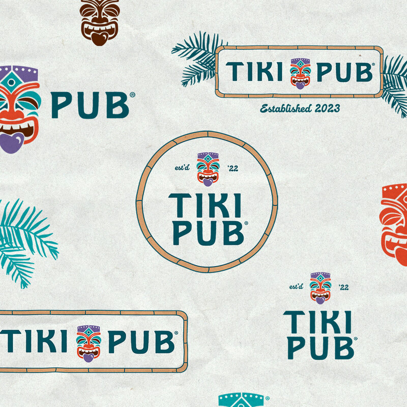 Mock-ups of colorful round, horizontal, and stacked logos for Tiki Pub.