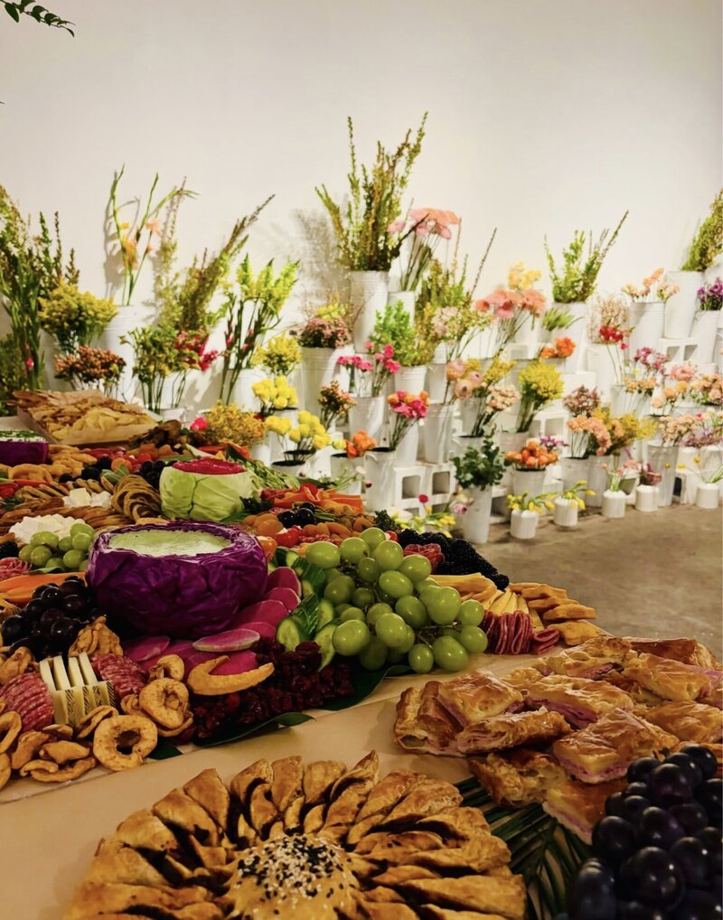Food on a table with flowers