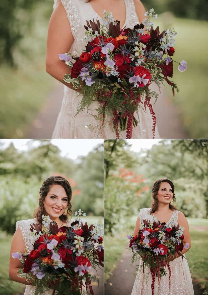 Bride posing with her bouquet at  Bartram's Garden in Philadelphia