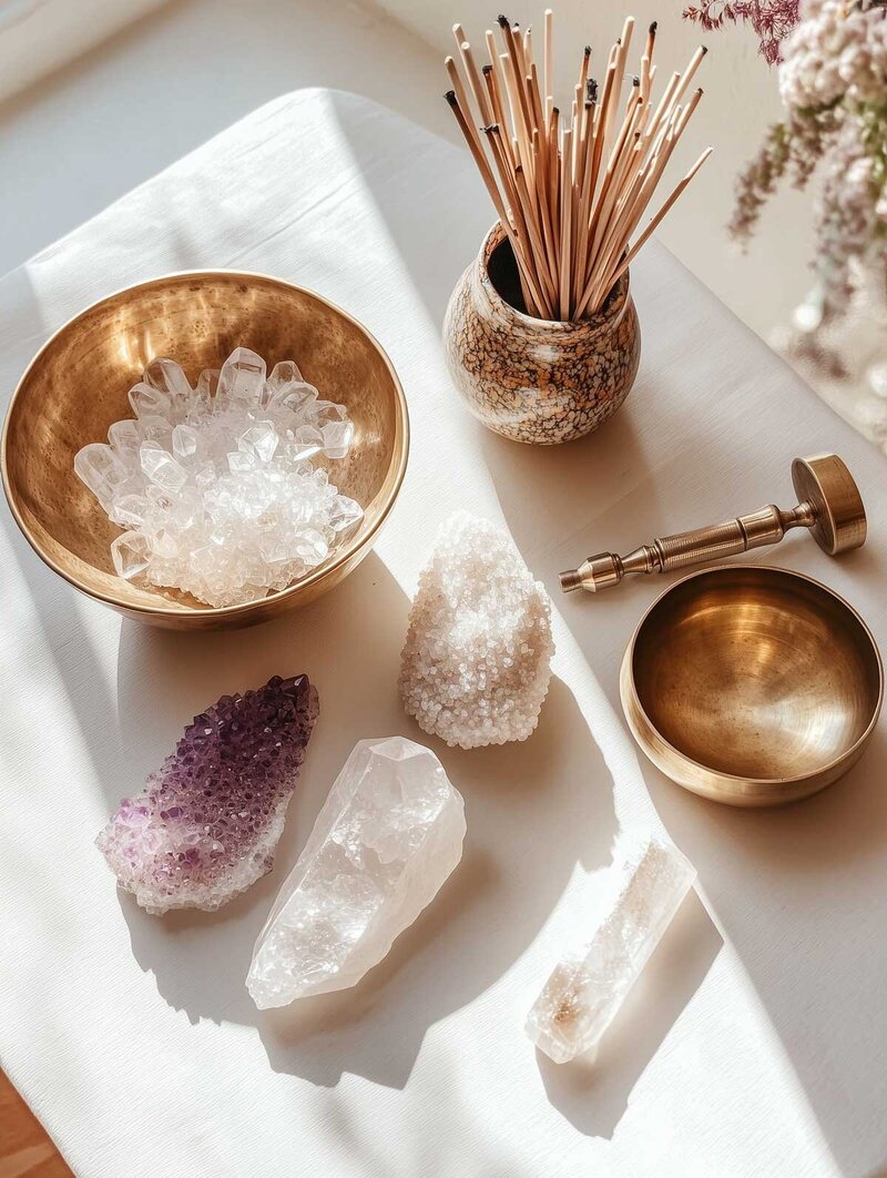 home healing tools, crystals, bowls, incense
