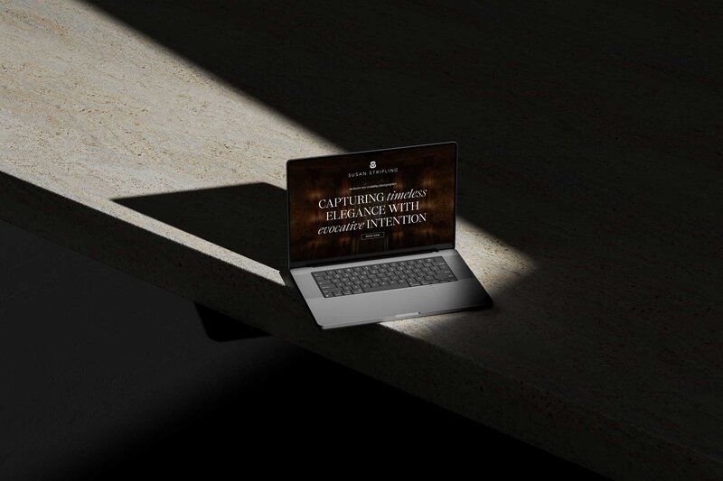 An open laptop in a dark area  with page from Susan Stripling Website Displayed