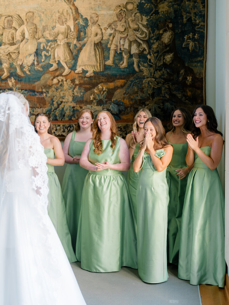 Close of up a bride's wedding gown that shows off the dress's beaded details