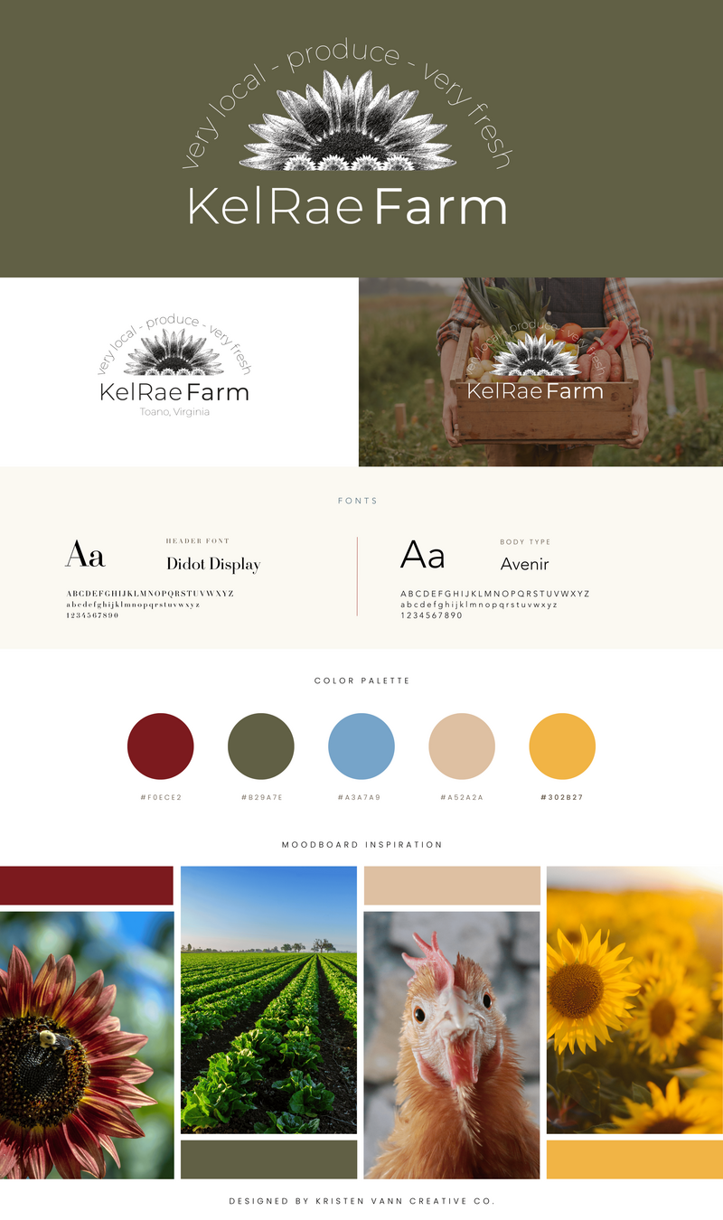 Custom brand kit for KelRae Farm with fonts, colors, and mood board – branding design Williamsburg VA