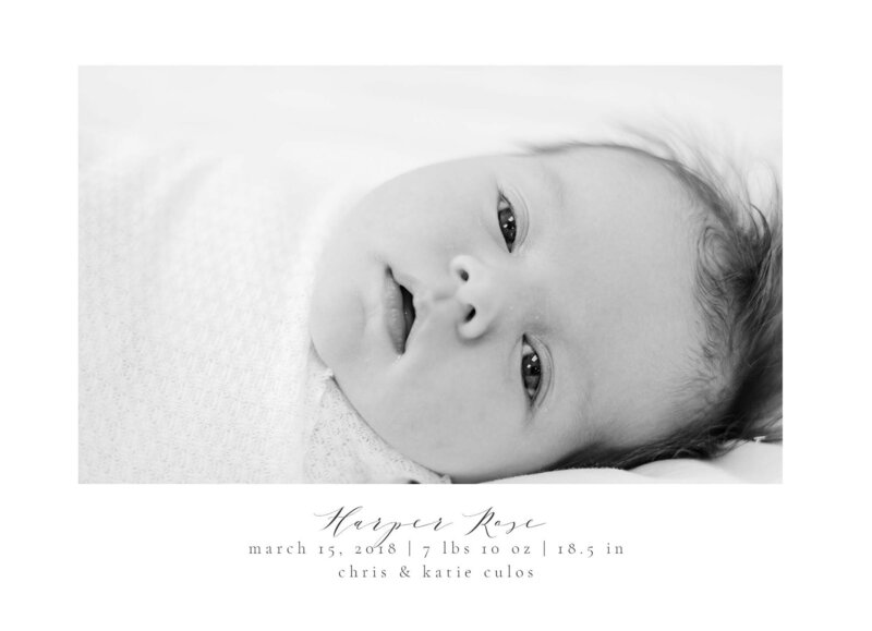 Birth announcement created by Kathleen Jablonski Photography with a black and white image of a newborn baby.