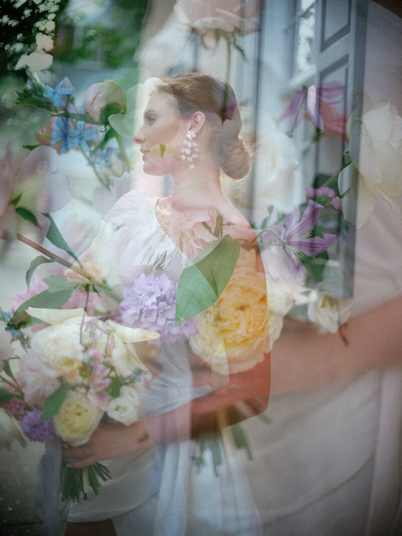 Double exposure wedding portrait blending the couple’s profile with trees and architecture at Laguna Gloria.