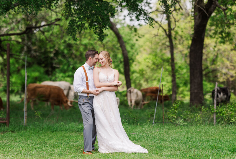 Bride-and-groom-standing-infront-farm-animals-portrait