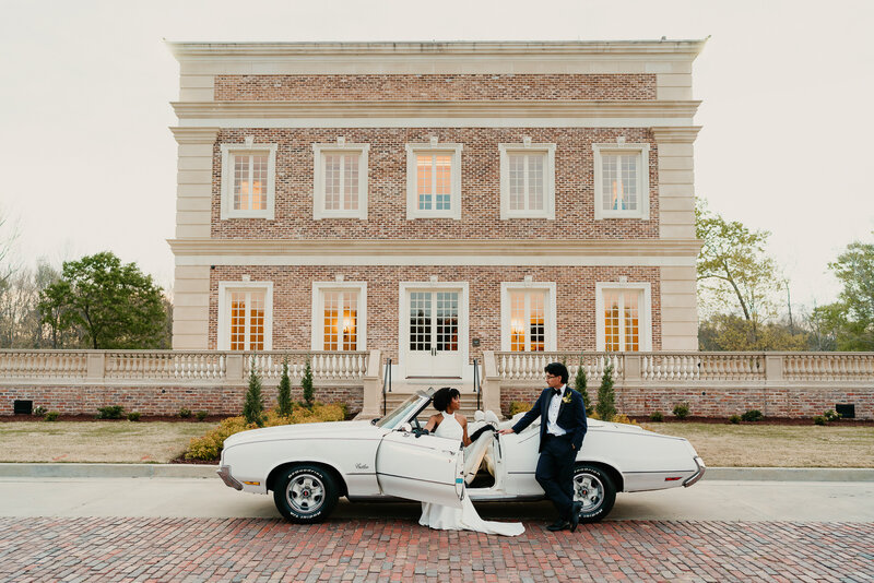 Oxbow Estate Wedding with vintage Car and Couple
