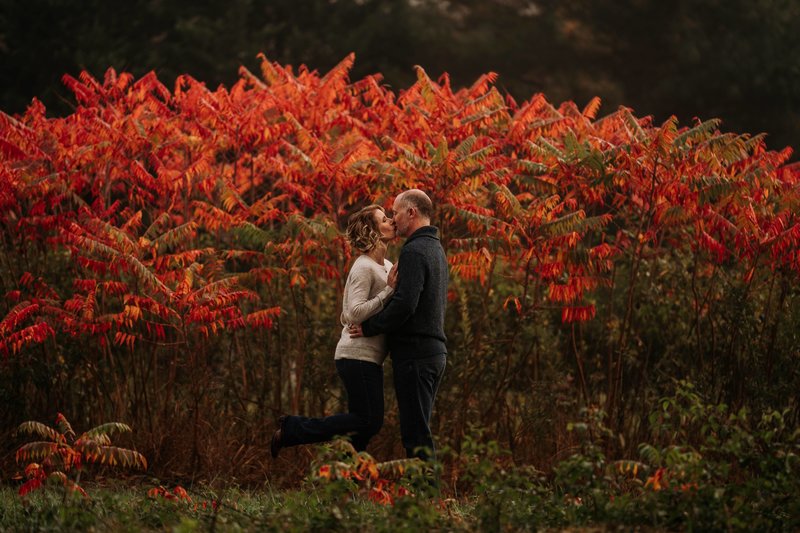 Husband and wife kissing at Christmas tree farm in front of red flowers with early morning fog in winter