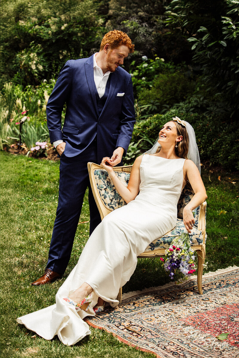 A couple on their wedding day in the summer