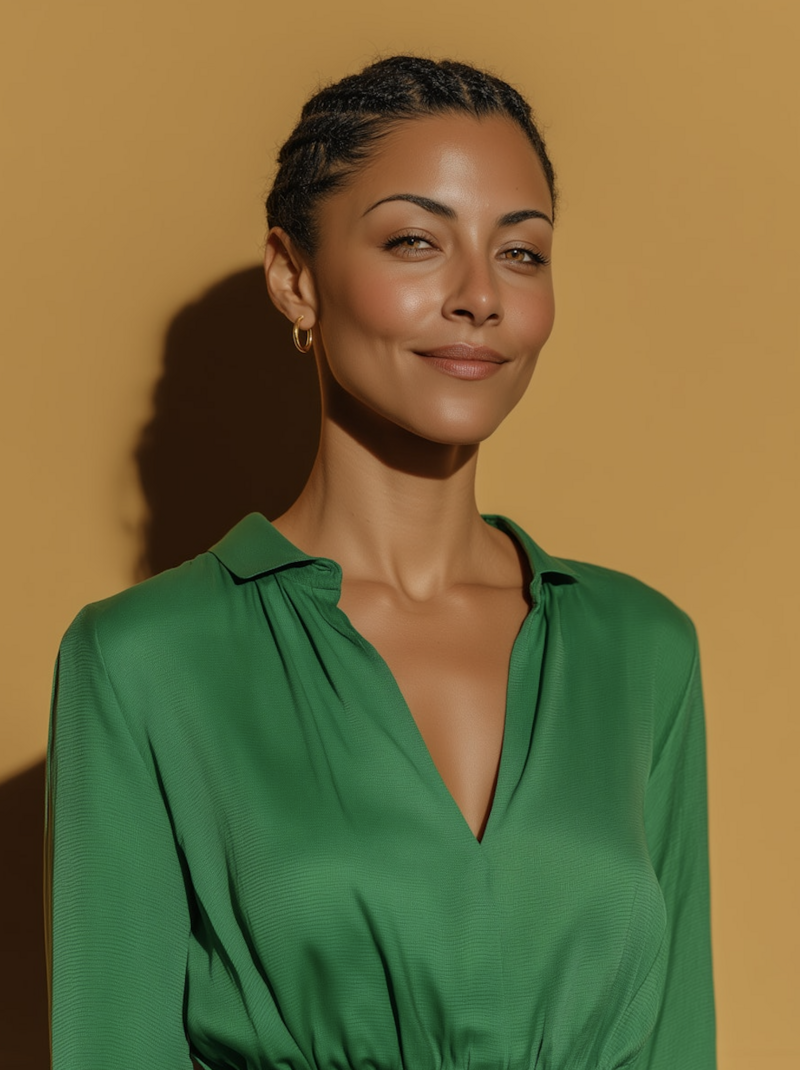 portrait of a beautiful woman in a green blouse on a mustard backdrop