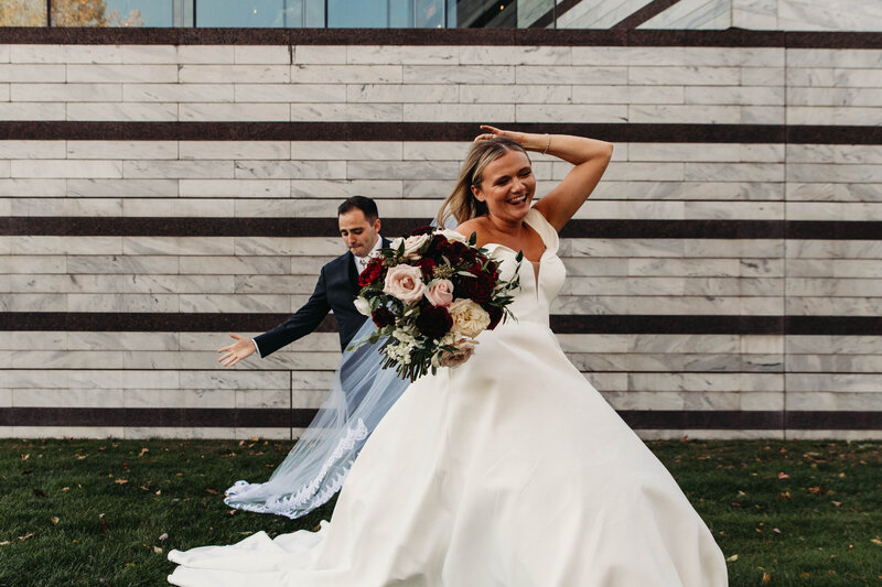 Couple hugs at sunset on wedding day at Cleveland Museum of Art