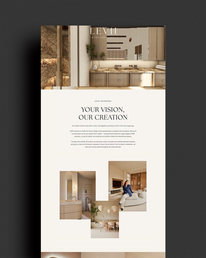 Elegant webdesign voor LEVH Interiors met rustgevende aardetinten, moderne styling en op maat gemaakte interieurprojecten.