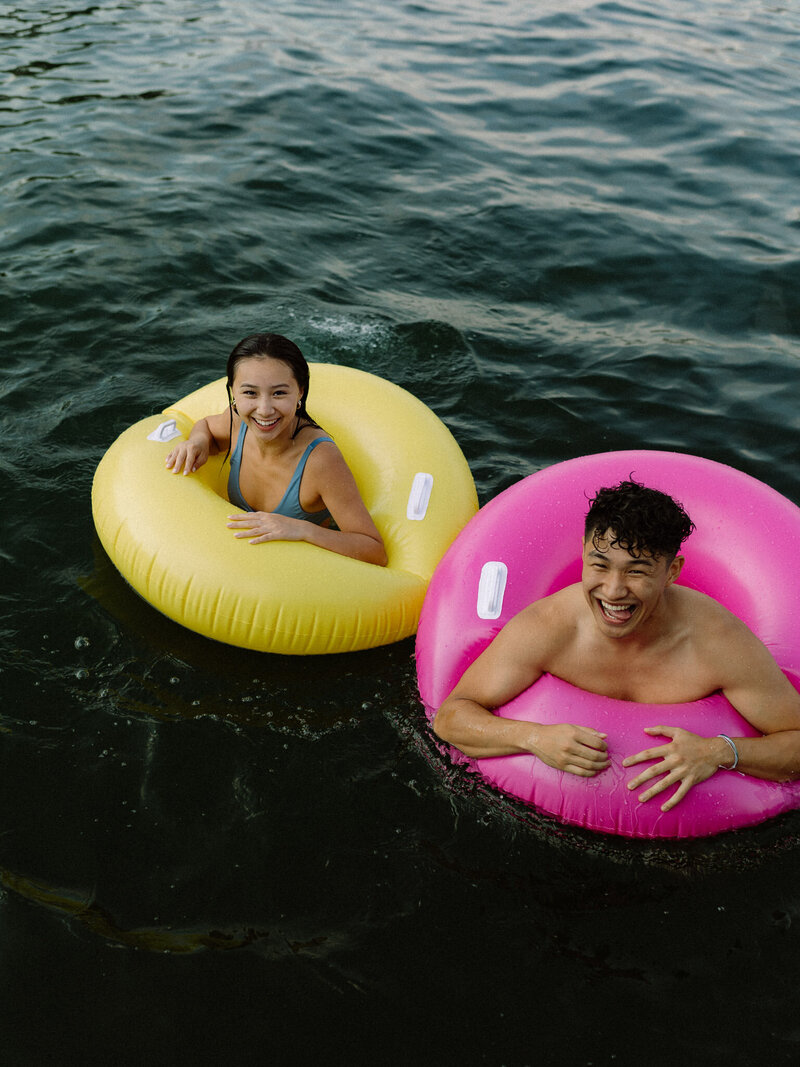 swimming in donut floaties in the okanagan lake in summerland