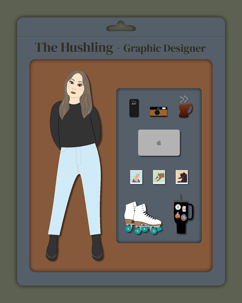 Illustration of doll/action figure trend of graphic designer in a box with corresponding items