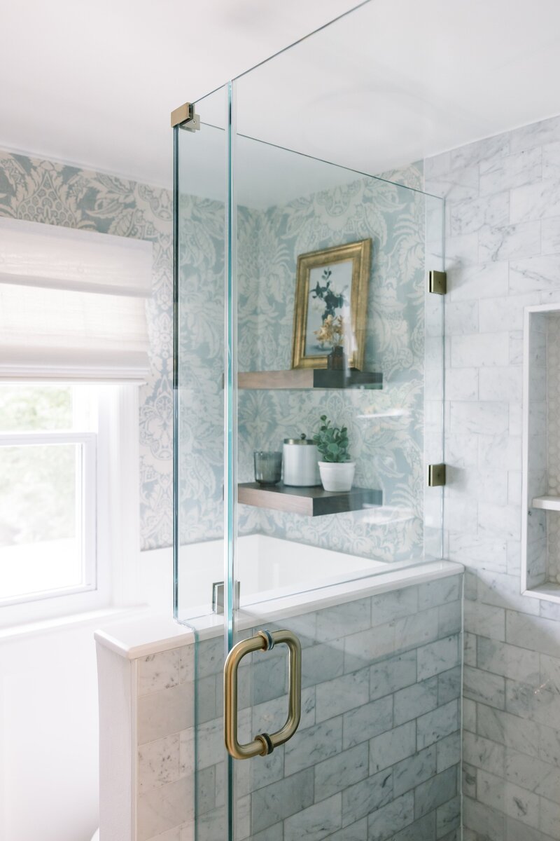 Blue floral powder room with gold accents  in Old Town, Alexandria, VA.