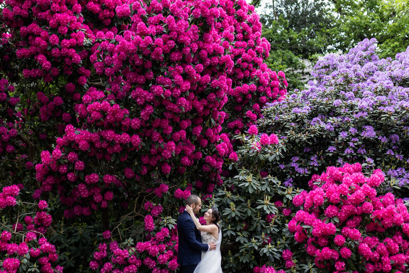 Wedding couple posing in front of rhododendron flower wall