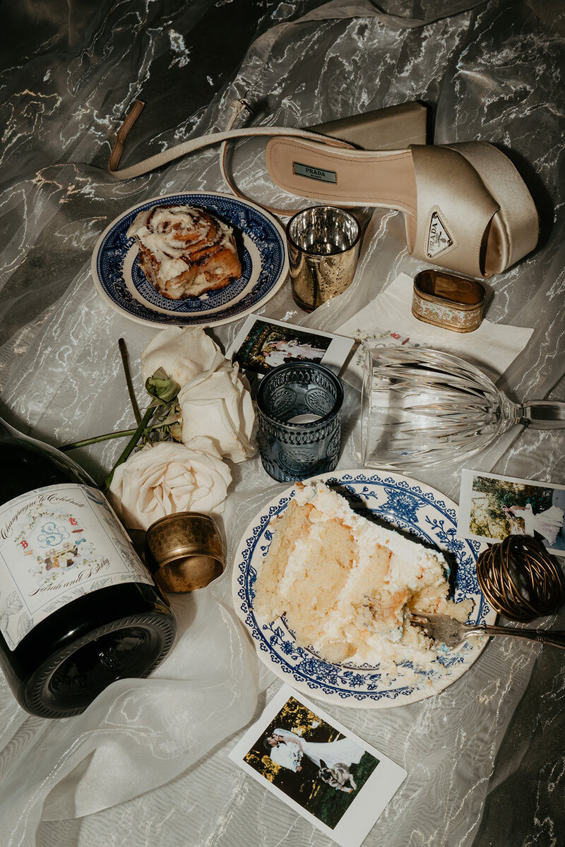 a fun late night flat lay shows all of the late night details from a wedding night 