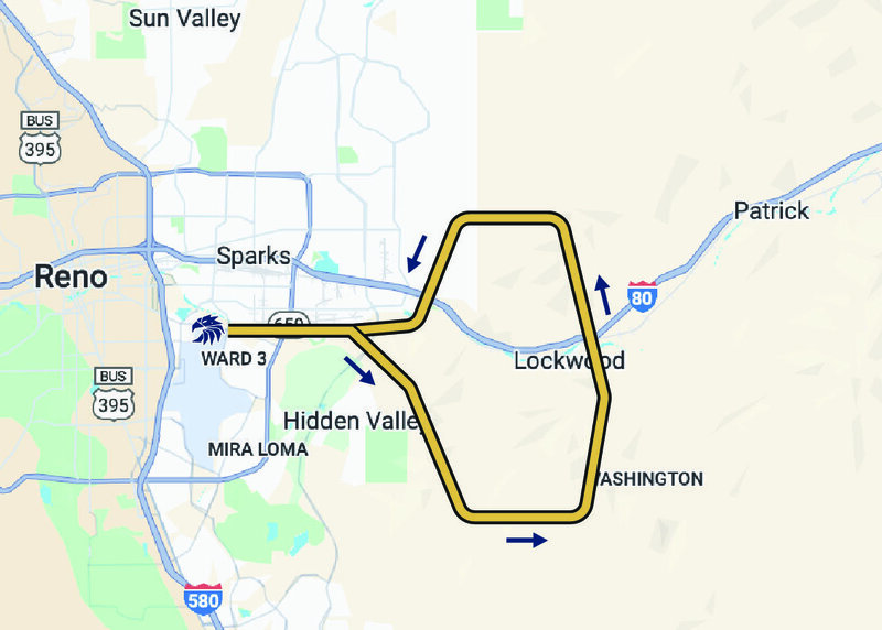 Reno mustang sightseeing in helicopter tour map route