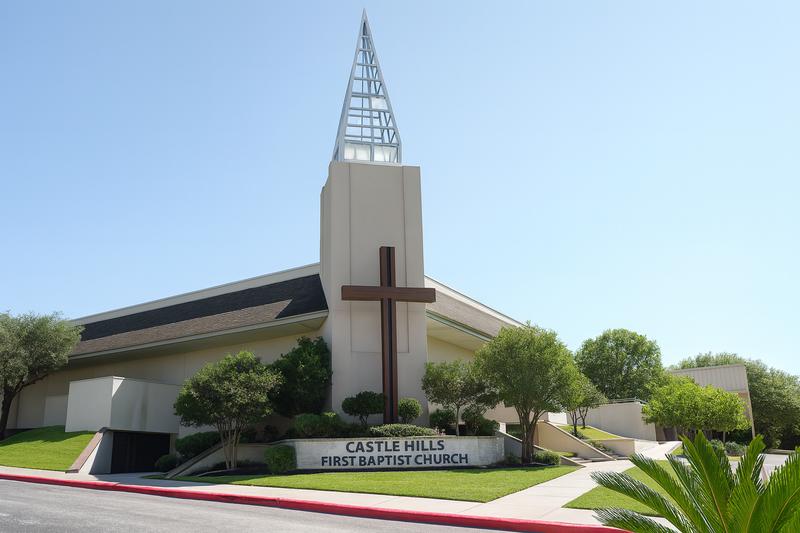 Modern exterior of Castle Hill Baptist Church in NSW, upgraded by Serlana Construction with a tall spire, cross, and landscaped entrance
