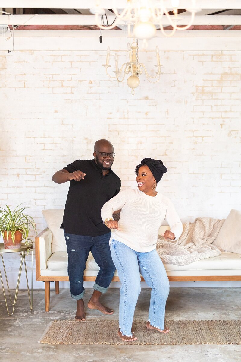 Glen & Yvette dancing for relationship and marriage podcast photoshoot.