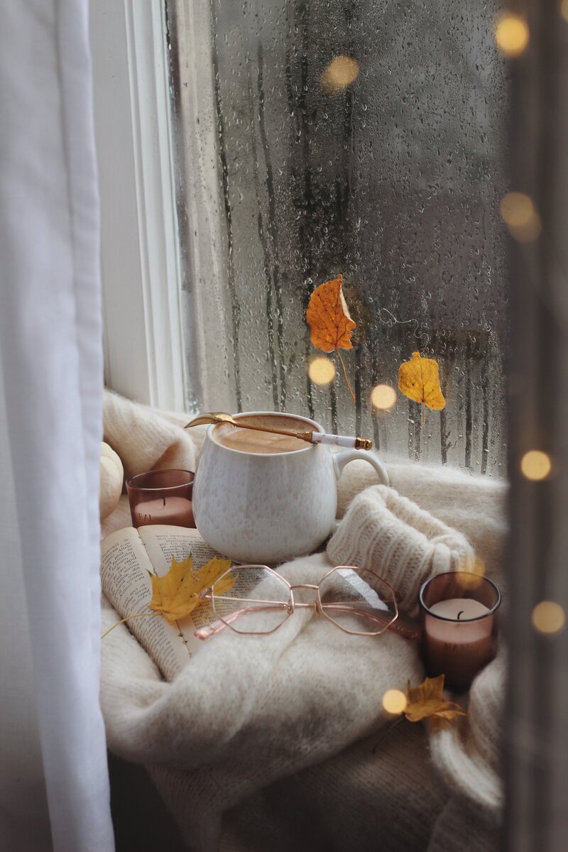 tea with glasses in front of rainy window