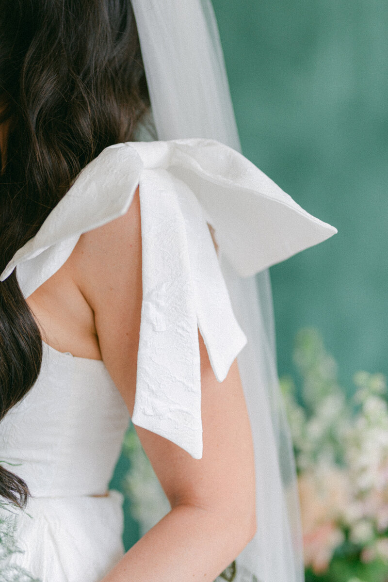 Photo of bow sleeve detail on brides gown with green backdrop by Lacey Graham Photography in Illinois