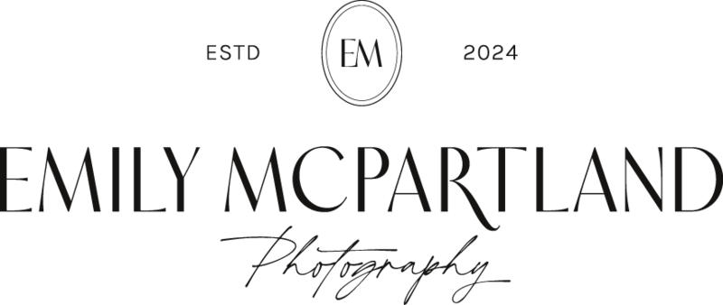 The black version of Emily's logo features "Emily McPartland" stacked above "Photography" in cursive, with a small logomark above and "ESTD 202" underneath.