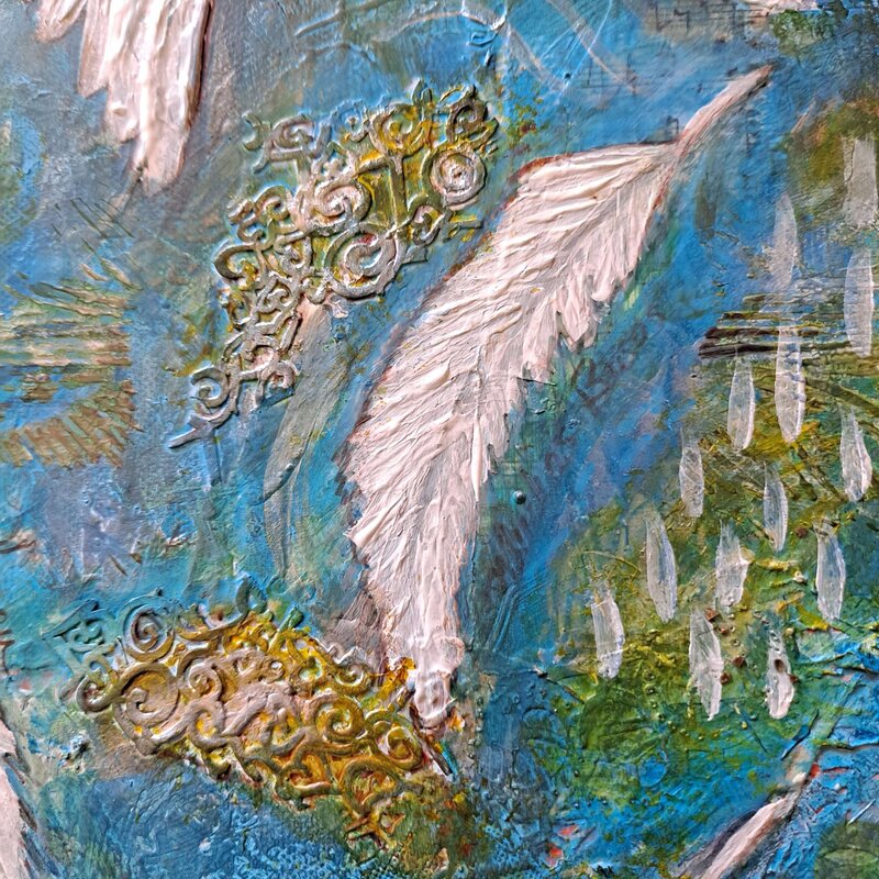 Painting of white feather on a blue & green canvas for Angels beside me membership