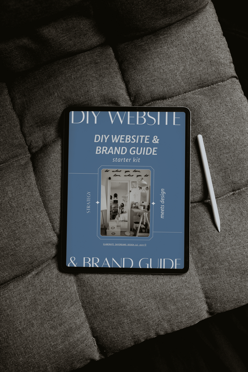 Ipad and Apple pencil on couch mockup for DIY Starter Kit Brand Website Elaborate Daydreams Meg Fischer
