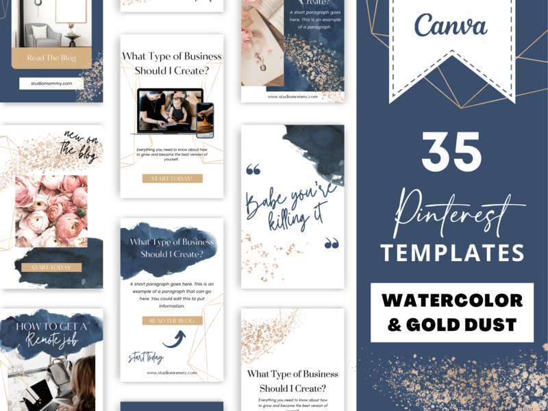 Pinterest Templates Canva - Pinterest Templates Watercolor Pins - Blue and Gold - Studio Mommy