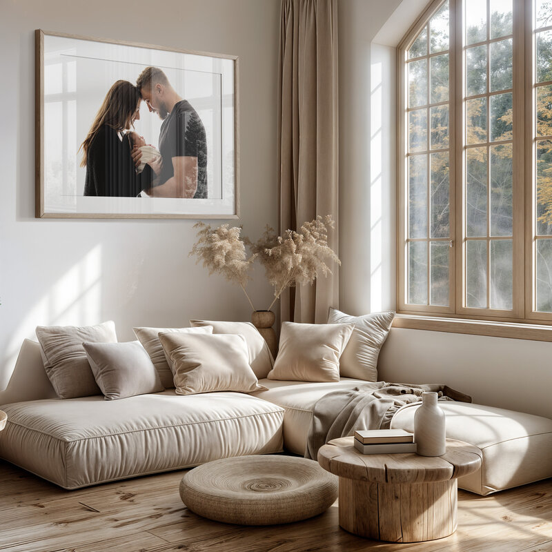 newborn family photo framed in a living room