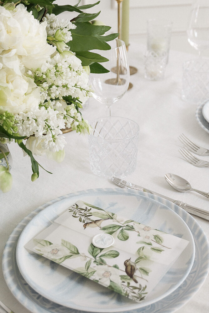 Blue and white tablescape