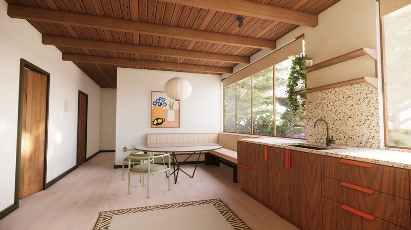 A bed with green and tan cushions, and olive throw