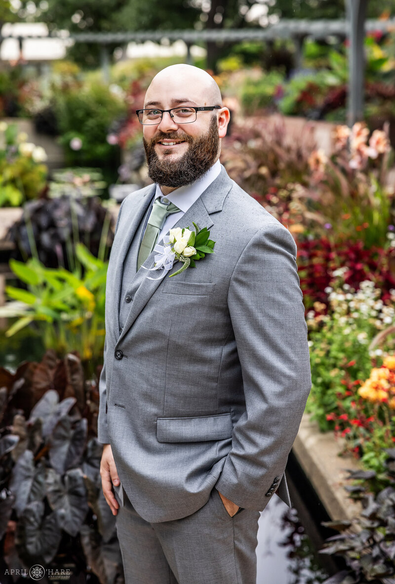 Groom portrait in the colorful annuals garden at Denver Botanic Gardens