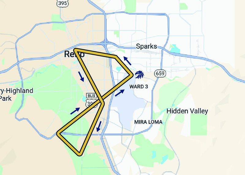Reno downtown route for aerial cityscape helicopter tour