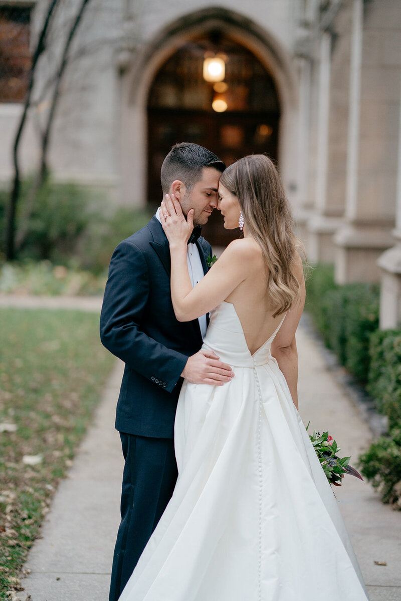 Bride and groom walk up memorial steps at their DC wedding